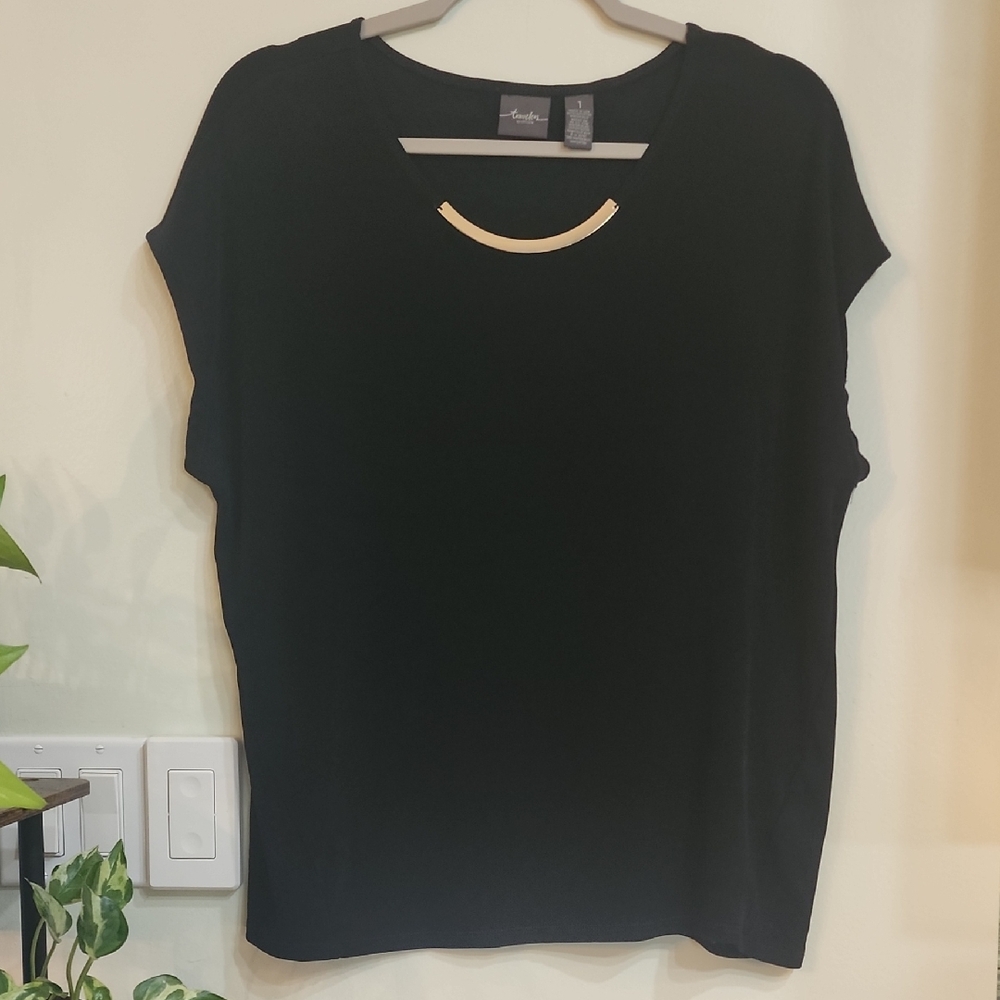 Chico's Travelers Black Short-Sleeve Tee with Gold Neck Accent